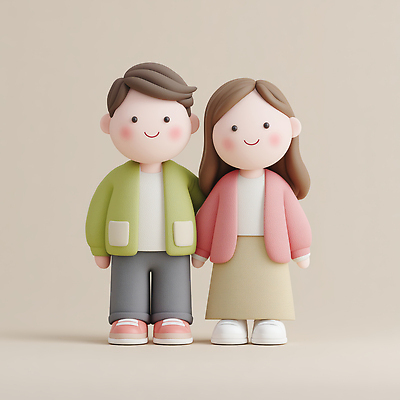 JPG 편집이미지 캐릭터 디자인 커플 행복 인형 컬러 따뜻함 표정 장식 귀여움 아기 오브젝트 부드러움 조형 편집3D AI컴퓨터그래픽 AI콘텐츠 감정 컨셉 관계 사람 3D 감각 파일형식