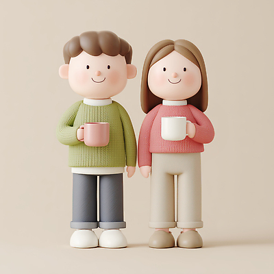 JPG 편집이미지 캐릭터 디자인 여자 남자 음료 스튜디오 따뜻함 미소 컵 스웨터 오브젝트 단순화된 베이지색 편집3D AI컴퓨터그래픽 AI콘텐츠 식기 컬러 상의 표정 사람 3D 파일형식