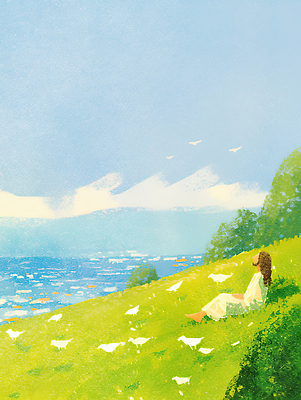 JPG 구름 여자 여유 바다 일러스트 자연 생명 휴식 풍경 초원 햇빛 평화 귀여움 들꽃 언덕 조용 동백 뷰티풀 수평선 차분 국내일러스트 AI일러스트 AI콘텐츠 자연요소 꽃 감정 컨셉 사람 태양 생태계 파일형식