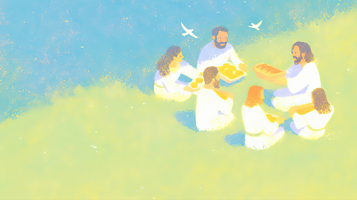 JPG 행복 종교 음식 일러스트 자연 대화 잔디 여러명 여름 햇빛 평화 모임 신비 즐거움 외출 그림 조용 나눔 소통 교감 친목 국내일러스트 AI일러스트 AI콘텐츠 식물 계절 감정 다수 컨셉 말하기 사람 태양 생태계 파일형식