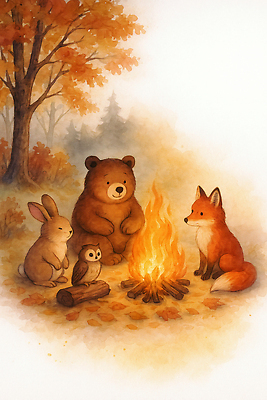 JPG 사계절 일러스트 곰 자연 생명 불 나뭇잎 따뜻함 이야기 풍경 친구 고요 모임 가을 토끼 숲속 숲 모닥불 여우 올빼미 국내일러스트 AI일러스트 AI콘텐츠 자연요소 동물 계절 잎 포유류 관계 조류 반려동물 생태계 파일형식