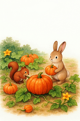 JPG 식물 동물 컬러 일러스트 모션 자연 호박 함께함 풍경 초록색 파란색 농장 귀여움 정원 주황색 수확 가을 토끼 작음 다람쥐 국내일러스트 AI일러스트 AI콘텐츠 계절 컨셉 농업 채소 포유류 반려동물 설치류 크기 생태계 파일형식