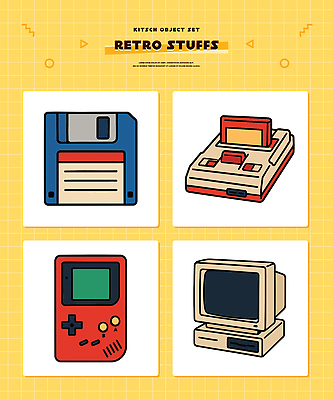 디자인 문화 예술 컬러 일러스트 기술 컴퓨터 세트 디지털 주방 모니터 플로피디스크 게임기 복고 국내일러스트 AI파일 전자제품 파일형식 벡터