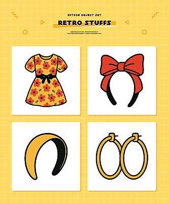 디자인 드레스 옷 패션 리본 컬러 꽃무늬 패턴 일러스트 장신구 장식 세트 노란색 귀걸이 머리띠 빈티지 화려 머리핀 복고 아이템 스타일 국내일러스트 AI파일 꽃 컨셉 무늬 파일형식 벡터