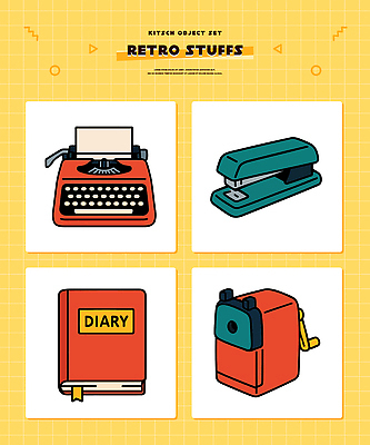 디자인 문화 예술 컬러 일러스트 문구용품 취미 일상 독서 사무용품 빈티지 클래식 쓰는 일기 스테이플러 복고 타자기 아이템 연필깎이 창의성 국내일러스트 AI파일 컨셉 라이프 골동품 오브젝트 파일형식 벡터