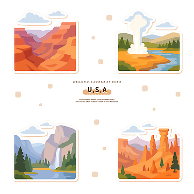 나무 호수 여행 일러스트 자연 하늘 산 국립공원 풍경 골짜기 미국 폭포 탐험 그림 생태계 화산 조화 뷰티풀 국내일러스트 AI파일 식물 공원 북아메리카 파일형식 벡터