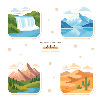 문화 호수 예술 여행 일러스트 자연 산 풍경 그래픽 환경 미국 폭포 사막 탐험 생태계 지역 국내일러스트 AI파일 북아메리카 파일형식 벡터