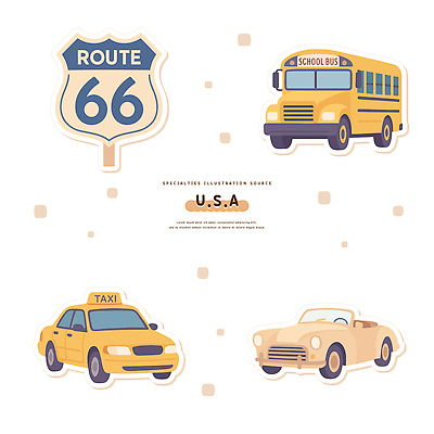 디자인 도로 예술 교통수단 여행 교통 일러스트 학교 자동차 여름 미국 도시 스쿨버스 그림 택시 스포츠카 국내일러스트 AI파일 계절 교육 길 육상교통 북아메리카 교통시설 승용차 버스 파일형식 벡터