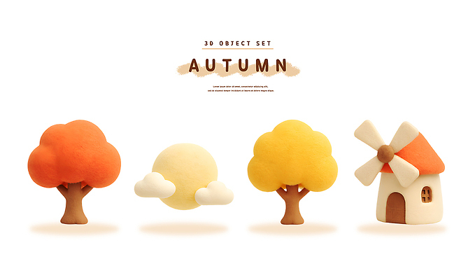 PSD 나무 구름 편집이미지 캐릭터 디자인 컬러 따뜻함 세트 3D 디지털 풍차 가을 표현 분위기 배열 오브젝트 편집3D 자연요소 식물 계절 컨셉 디지털합성 파일형식