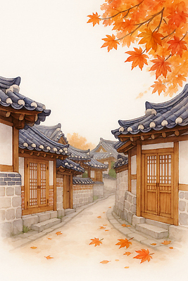 JPG 전통 건축 문화 여행 단풍 일러스트 자연 나뭇잎 거리 한옥 한국 풍경 마을 고요 가을 역사 뷰티풀 색감 고택 국내일러스트 AI일러스트 AI콘텐츠 한국전통 건축물 계절 아시아 고건축 잎 생태계 파일형식