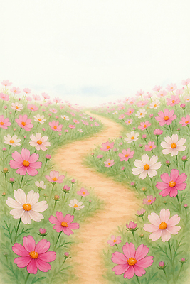 JPG 식물 꽃 행복 길 컬러 일러스트 자연 하늘 휴식 풍경 초원 평화 봄 산책 산책로 향기 꽃길 만개 뷰티풀 국내일러스트 AI일러스트 AI콘텐츠 계절 감정 컨셉 생태계 냄새 파일형식