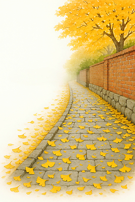 JPG 나무 공원 길 잎 일러스트 자연 바닥 풍경 잔디 노란색 평화 고요 산책 산책로 가을 도시 은행잎 흙길 국내일러스트 AI일러스트 AI콘텐츠 식물 계절 공공시설 컬러 컨셉 휴식 흙 생태계 파일형식