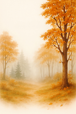 JPG 나무 길 잎 일러스트 자연 휴식 나뭇잎 풍경 햇빛 평화 주황색 안개 가을 숲속 숲 조용 뷰티풀 색감 목가 국내일러스트 AI일러스트 AI콘텐츠 식물 계절 컬러 컨셉 날씨 태양 생태계 파일형식