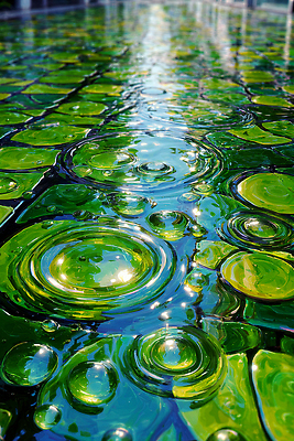 JPG 편집이미지 자연 생명 풍경 초록색 물 여름 빛 반사 물방울 수면 수중식물 시원함 조화 뷰티풀 생동감 편집실사 AI컴퓨터그래픽 AI콘텐츠 자연요소 식물 계절 컬러 CG 생태계 파일형식