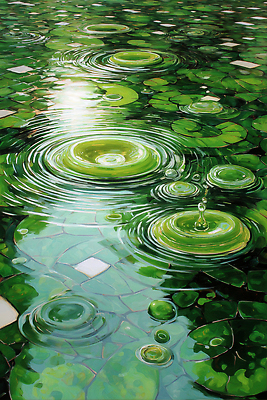 JPG 식물 편집이미지 물결 자연 생명 여름 햇빛 반사 물방울 연못 수면 수중식물 연잎 조화 차분 편집실사 AI컴퓨터그래픽 AI콘텐츠 계절 컨셉 잎 물 태양 CG 생태계 파일형식