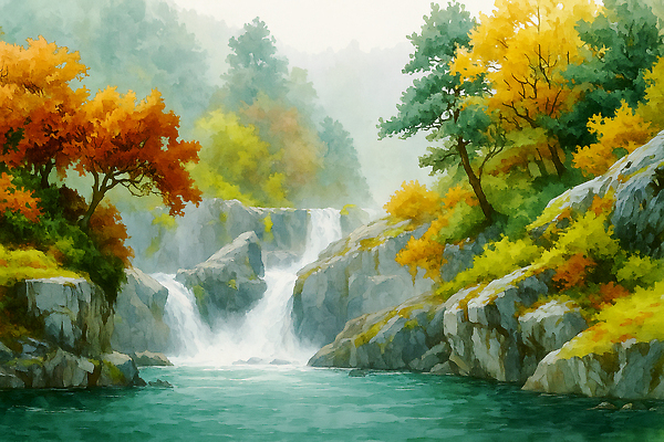 JPG 나무 여유 컬러 일러스트 자연 날씨 산 풍경 물 고요 폭포 흐름 가을 수면 수중식물 숲 시원함 조화 국내일러스트 AI일러스트 AI콘텐츠 자연요소 식물 계절 감정 컨셉 생태계 파일형식