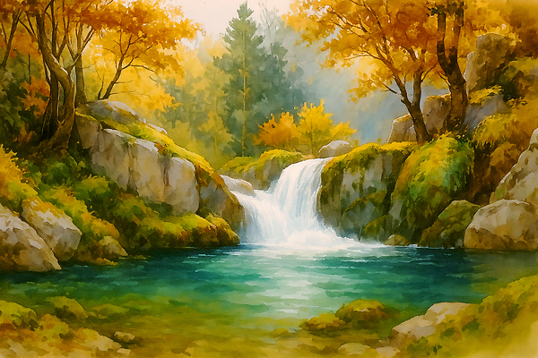 JPG 나무 여행 단풍 잎 일러스트 자연 풍경 물 강 환경 수영 소리 고요 폭포 가을 바위 숲 시원함 밝은색 뷰티풀 풍경화 국내일러스트 AI일러스트 AI콘텐츠 자연요소 식물 계절 돌_바위 수상스포츠 그림 생태계 파일형식