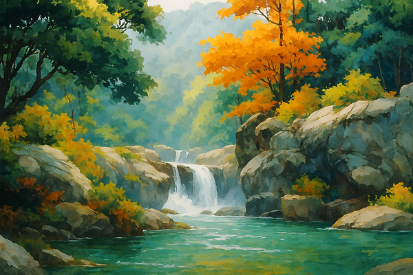 JPG 나무 여유 컬러 일러스트 자연 수채화 한국 미술 풍경 야외 물 여름 평화 정원 계곡 고요 폭포 숲 스케치 열정 뷰티풀 국내일러스트 AI일러스트 AI콘텐츠 자연요소 식물 계절 감정 아시아 컨셉 문화예술 생태계 파일형식