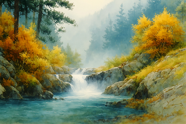 JPG 나무 컬러 여행 단풍 일러스트 자연 하늘 아침 산 물줄기 풍경 빛 평화 계곡 소리 고요 흐름 안개 눈 숲 국내일러스트 AI일러스트 AI콘텐츠 주간 자연요소 식물 컨셉 잎 날씨 물 생태계 파일형식