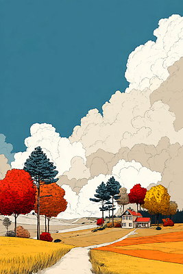 JPG 나무 구름 계절 길 컬러 일러스트 자연 하늘 주택 풍경 평화 고요 가을 전원 숲 편안함 동산 조화 국내일러스트 AI일러스트 AI콘텐츠 자연요소 식물 컨셉 건물 감각 전기에너지 생태계 파일형식
