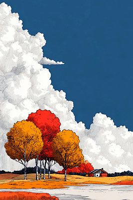 JPG 나무 구름 선 컬러 일러스트 자연 하늘 수채화 주택 풍경 일상 평화 가을 농촌 채색 생동감 목가 전경 국내일러스트 AI일러스트 AI콘텐츠 자연요소 식물 계절 컨셉 미술 건물 라이프 시골 생태계 파일형식 탑뷰