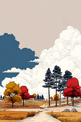 JPG 나무 식물 구름 길 하늘색 일러스트 자연 하늘 산 주택 풍경 빨간색 초록색 햇빛 노란색 가을 숲 땅 조화 색감 국내일러스트 AI일러스트 AI콘텐츠 자연요소 계절 컬러 건물 파란색 태양 생태계 파일형식