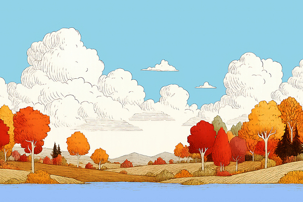 JPG 나무 구름 호수 예술 컬러 일러스트 자연 하늘 산 풍경 야외 물 평화 고요 가을 땅 조화 뷰티풀 풍경화 국내일러스트 AI일러스트 AI콘텐츠 자연요소 식물 계절 컨셉 그림 생태계 파일형식