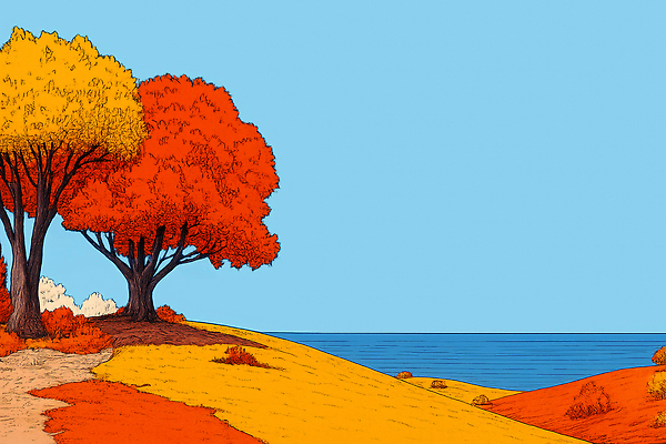 JPG 나무 여유 바다 컬러 일러스트 자연 나뭇잎 풍경 해변 야외 고요 가을 언덕 조화 뷰티풀 풍경화 풍요 전경 국내일러스트 AI일러스트 AI콘텐츠 식물 계절 감정 컨셉 잎 그림 생태계 파일형식 탑뷰