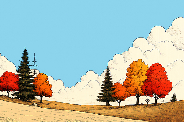 JPG 나무 구름 컬러 단풍 일러스트 자연 하늘 휴식 밝음 풍경 빨간색 초록색 햇빛 노란색 평화 가을 배열 언덕 조화 국내일러스트 AI일러스트 AI콘텐츠 자연요소 식물 계절 컨셉 잎 태양 생태계 파일형식