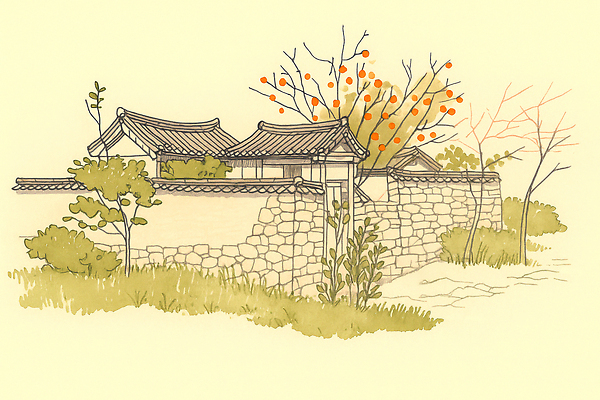 JPG 나무 전통 사계절 건축 문화 고건축 일러스트 자연 한옥 한국 돌담 풍경 평화 마을 정원 가을 시골 조화 뷰티풀 고택 국내일러스트 AI일러스트 AI콘텐츠 식물 한국전통 건축물 계절 아시아 컨셉 담장 돌_바위 생태계 파일형식