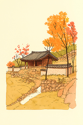 JPG 나무 전통 단풍 일러스트 자연 한옥 주택 한국 풍경 잔디 야외 계곡 산책 문화재 가을 바위 농촌 편안함 조화 뷰티풀 고택 국내일러스트 AI일러스트 AI콘텐츠 식물 한국전통 건축물 계절 아시아 고건축 잎 휴식 건물 돌_바위 시골 감각 생태계 파일형식