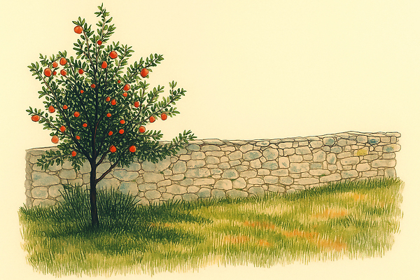 JPG 나무 식물 열매 여유 과일 일러스트 자연 생명 돌담 풍경 잔디 일상 초록색 평화 환경 정원 조화 뷰티풀 색감 국내일러스트 AI일러스트 AI콘텐츠 감정 컬러 컨셉 라이프 담장 돌_바위 생태계 파일형식
