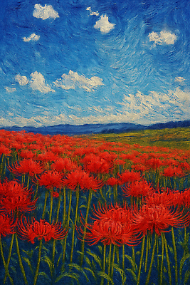 JPG 식물 구름 화초 컬러 백그라운드 꽃밭 일러스트 자연 하늘 생명 풍경 초원 야외 여름 파란색 햇빛 땅 조화 뷰티풀 국내일러스트 AI일러스트 AI콘텐츠 자연요소 계절 꽃 태양 생태계 파일형식