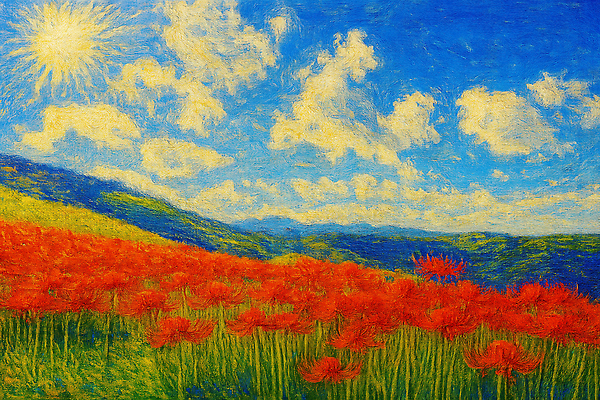 JPG 구름 계절 예술 컬러 꽃밭 일러스트 자연 수채화 풍경 여름 햇빛 평화 일출 언덕 조화 만개 뷰티풀 풍경화 국내일러스트 AI일러스트 AI콘텐츠 자연요소 꽃 컨셉 태양 노을 그림 생태계 파일형식