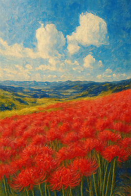 JPG 식물 구름 계절 꽃 일러스트 자연 하늘 풍경 초원 야외 빨간색 여름 태양 정원 봄 뷰티풀 풍경화 경관 국내일러스트 AI일러스트 AI콘텐츠 자연요소 컬러 그림 생태계 파일형식