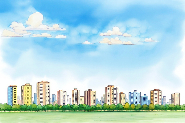 JPG 구름 일러스트 자연 하늘 거리 아파트 풍경 잔디 건물 원근감 도시 도심 조경 스카이라인 고층 주거지 청명 화창 국내일러스트 AI일러스트 AI콘텐츠 자연요소 식물 건축물 뷰포인트 날씨 주택 생태계 파일형식