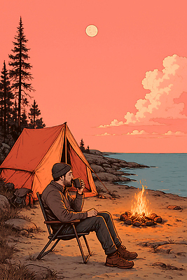 JPG 남자 호수 여유 의자 일러스트 자연 불꽃 휴식 텐트 풍경 야외 소풍 평화 노을 일몰 캠핑 차 저녁 숲 모닥불 캠핑장 국내일러스트 AI일러스트 AI콘텐츠 자연요소 감정 음료 가구 컨셉 불 레저 캠핑도구 사람 야외활동 야간 생태계 파일형식