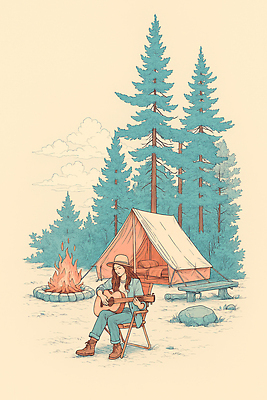 JPG 나무 여유 음악 여행 일러스트 자연 하늘 휴식 나뭇잎 아웃도어 텐트 풍경 친구 소풍 캠핑 기타 포근함 모닥불 즐거움 치유 국내일러스트 AI일러스트 AI콘텐츠 식물 감정 컨셉 잎 관계 불 현악기 레저 문화예술 캠핑도구 야외활동 감각 생태계 파일형식