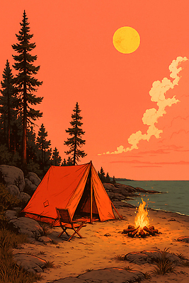 JPG 바다 여행 의자 일러스트 자연 불꽃 휴식 텐트 풍경 해변 야외 여름 노을 일몰 캠핑 분위기 모닥불 동아시아 국내일러스트 AI일러스트 AI콘텐츠 자연요소 계절 가구 컨셉 불 레저 캠핑도구 생태계 파일형식