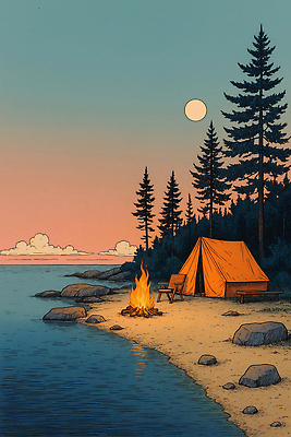 JPG 호수 일러스트 모션 자연 불꽃 텐트 야외 여름 소풍 평화 일몰 캠핑 달 바위 저녁 숲 모닥불 즐거움 살림 국내일러스트 AI일러스트 AI콘텐츠 자연요소 계절 감정 컨셉 불 레저 캠핑도구 야외활동 노을 돌_바위 야간 생태계 파일형식