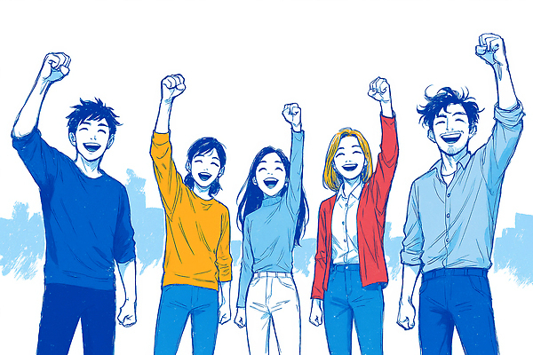 JPG 행복 감정 일러스트 응원 모션 성공 협력 함께함 미소 여러명 친구 주먹 기쁨 모임 에너지 기타 축하 즐거움 긍정 순간 국내일러스트 AI일러스트 AI콘텐츠 다수 컨셉 관계 현악기 표정 사람 파일형식