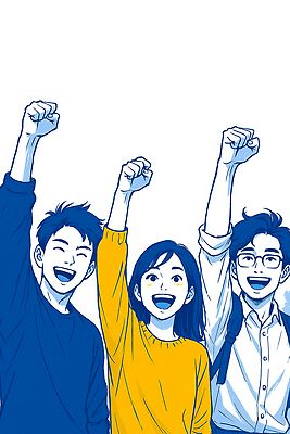 JPG 감정 일러스트 응원 모션 협력 표정 밝음 미소 여러명 친구 기쁨 에너지 즐거움 긍정적 순간 힘찬 국내일러스트 AI일러스트 AI콘텐츠 다수 컨셉 관계 사람 파일형식