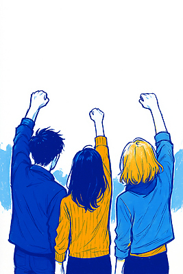 JPG 손 옷 백그라운드 일러스트 응원 모션 여러명 상반신 파란색 친구 에너지 금색 그리기 긍정적 연대 힘찬 국내일러스트 AI일러스트 AI콘텐츠 감정 컬러 다수 컨셉 관계 사람 신체부위 파일형식