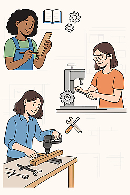 나무 여자 교육 일러스트 교실 기술 인테리어 주방 도구 공구 작업 자신감 제조 목수 집중 연습 만들기 DIY 손재주 창의성 국내일러스트 AI파일 식물 직업 디자인 감정 컨셉 학교 모션 사람 취미 파일형식 벡터