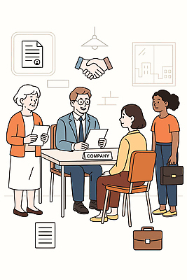 여자 남자 일러스트 회사 비즈니스 회의 아침 협력 직장 대화 협상 사무실 인사 직원 준비 면접 문서 소통 채용 국내일러스트 AI파일 주간 컨셉 말하기 사람 예절 파일형식 벡터