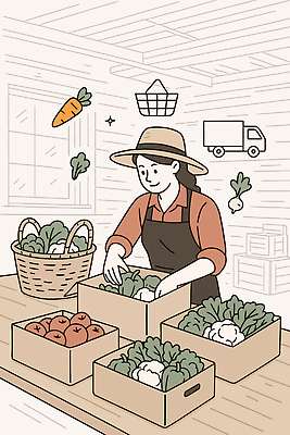 농업 채소 과일 일러스트 포장 건강 일상 상자 사무실 농장 바구니 트럭 신선 작업 시장 농부 배송 준비 유기농 천연 국내일러스트 AI파일 직업 웰빙 산업 비즈니스 자동차 라이프 파일형식 벡터