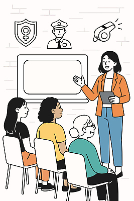여자 일러스트 대화 설명 안전 강사 듣기 사회 조직 의식 경찰 군중 강의 연습 소통 성범죄 예방교육 지원 국내일러스트 AI파일 직업 교육 컨셉 모션 말하기 사람 범죄 공동체 파일형식 벡터