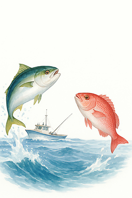 JPG 파도 바다 일러스트 자연 조류 낚시 어류 어업 해변 점프 수중동물 어선 수면 수조 해산물 생태계 선박 국내일러스트 AI일러스트 AI콘텐츠 동물 산업 수상교통 배_교통 모션 레저 물 파일형식