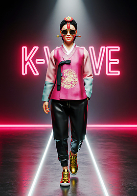 JPG 모델 편집이미지 전통 디자인 패션 문화 조명 한국 한복 패션쇼 런웨이 뷰티풀 스타일 이미지편집 AI컴퓨터그래픽 AI콘텐츠 한국전통 아시아 전통의상 쇼 파일형식