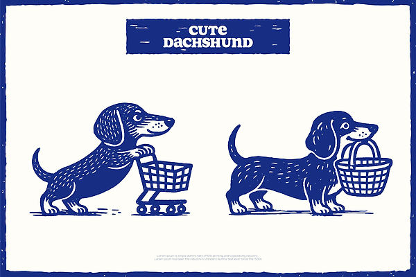 동물 캐릭터 디자인 일러스트 반려동물 쇼핑 바구니 귀여움 유머 당기기 강아지 닥스훈트 장바구니 즐거움 그림 일과 국내일러스트 AI파일 감정 컨셉 모션 개 파일형식 벡터
